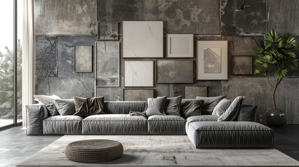 Contemporary Interior Design Background. Interior of living room  with sofa and with artistic photo paint frames.