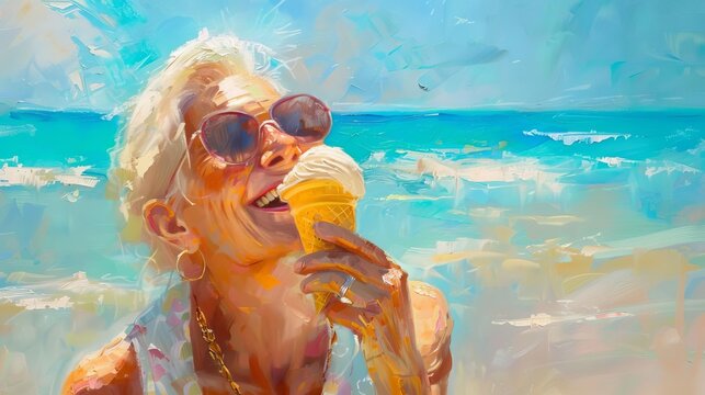 Carefree Senior Woman Enjoying Ice Cream at Beach, Summer Holiday Bliss, Oil Painting