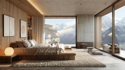 contemporary bedroom with natural tones and textures, 3D interior rendering