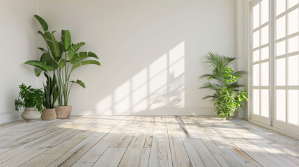 Fototapeta na wymiar Empty bright room with wooden floor and indoor plants.