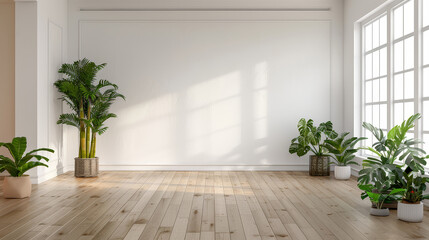 Fototapeta premium Empty bright room with wooden floor and indoor plants.