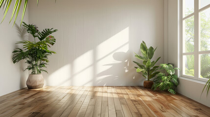 Fototapeta na wymiar Empty bright room with wooden floor and indoor plants.