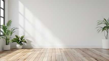 Empty bright room with wooden floor and indoor plants.
