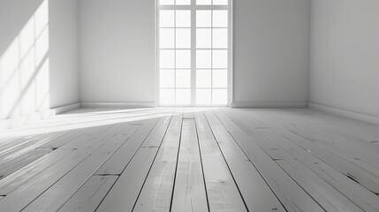 Empty bright room with wooden floor.
