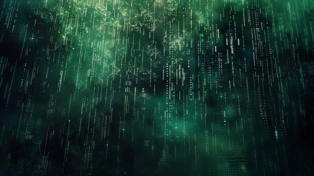 Corrupted matrix code falling on dark digital background, noise effect, abstract illustration