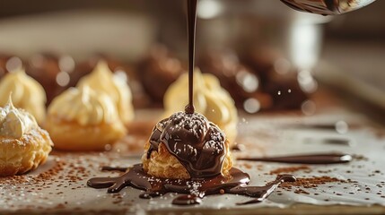 Obraz na płótnie Canvas dynamic shot of melted chocolate pouring over cream puffs, food photography
