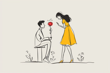 Whimsical illustration of a man presenting a rose to a woman