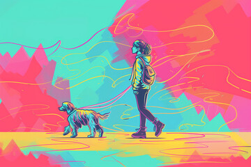 Colorful illustration of a teenage girl, walking her dog, wide angle, shot with room for copy