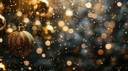 Golden happy Christmas light decorations and ornaments in winter night background with confetti bokeh