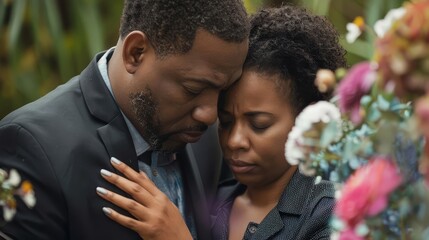 Husband comforting wife at funeral, supporting her in grief and mourning loss - obrazy, fototapety, plakaty