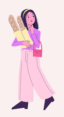 Girl with bread thinking or looking away. Character concept. Woman. Vector. Hand Drawn.