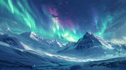 A snowy landscape under the aurora borealis where the sky dances in vivid greens - obrazy, fototapety, plakaty