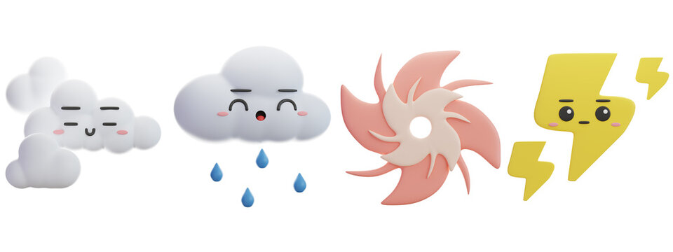 3D icon weather isolated on the white background. Fog, Hail, Hurricane, Lightning objects.
