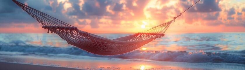 Close view of relaxation in beach hammock minimalist - obrazy, fototapety, plakaty