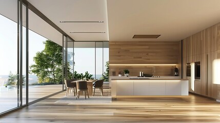 Modern minimalist kitchen interior with island and wooden floor, luxury home, architectural rendering