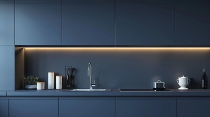 modern minimalist kitchen with warm blue and khaki tones, 3D illustration