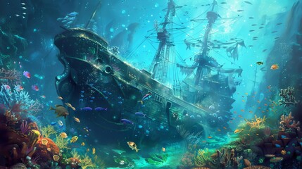 Mysterious underwater shipwreck teeming with marine life, sunken treasure, digital painting - obrazy, fototapety, plakaty