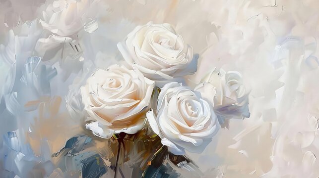Romantic White Rose Flower Backdrop, Dreamy Wedding Background, Oil Painting