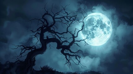 Spooky silhouette of gnarled tree against massive full moon, eerie night sky illustration - obrazy, fototapety, plakaty