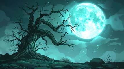 Spooky silhouette of gnarled tree against massive full moon, eerie night sky illustration - obrazy, fototapety, plakaty