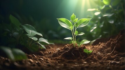 A digital illustration depicting a delicate young plant emerging from the rich soil. The plant, with tender green leaves unfurling and reaching towards the sunlight, embodies the beauty of new life 