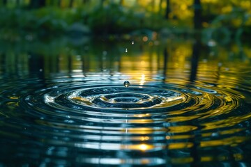 Single water droplet falls, creating concentric ripples on the reflective water surface with golden hues from the surrounding vegetation - obrazy, fototapety, plakaty