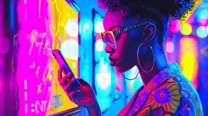 Stylish African American Woman Texting, Neon Nightclub Ambiance, Lifestyle Concept, Digital Painting