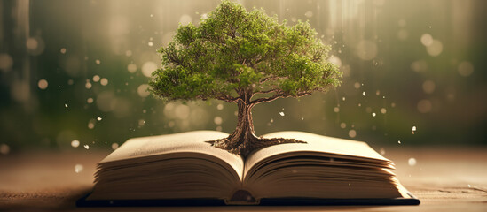 an open book with tree growing out of it