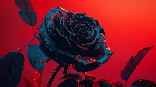 Striking black rose flower in vibrant neon red light, Vantablack concept, digital art illustration
