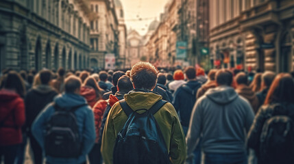 Crowd of people protesting together walking in the city - obrazy, fototapety, plakaty