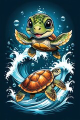 Turtle swimming in ocean, peacefully navigates its underwater world. For Tshirt design, fashion, clothing design, posters, postcards, other merchandise with marine theme, childrens books, tourism.