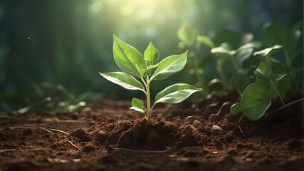 A digital illustration depicting a delicate young plant emerging from the rich soil. The plant, with tender green leaves unfurling and reaching towards the sunlight, embodies the beauty of new life  - obrazy, fototapety, plakaty