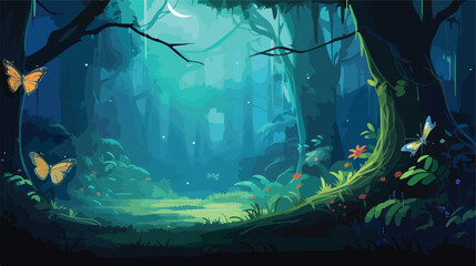 wide panoramic of  fantasy forest with glowing  butterflies
