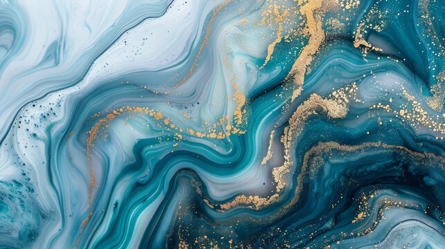 The artwork features a stunning ocean-inspired marble background, reminiscent of the swirling patterns found in marble or the ripples seen in agate. 