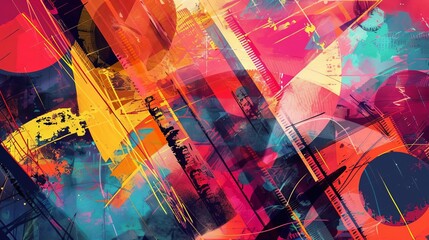 Colorful Abstract Geometric Pattern with Dynamic Shapes, Lines, and Textures - Modern Art Digital Illustration