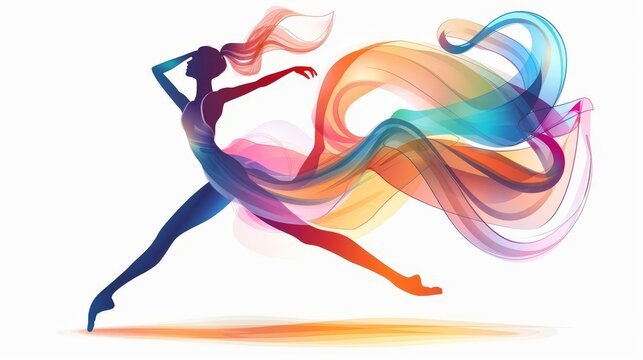 Elegant ballerina dancing with colorful flowing ribbon, graceful performance art illustration