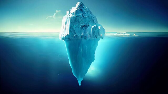 An arctic iceberg floats in clear blue water, hiding covert danger underwater. Climate change and global warming concepts. Melting glaciers and hidden threats and meanings are concealed underwater.