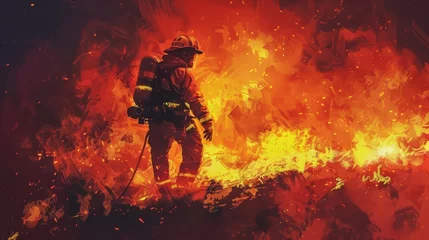 Fotobehang Firefighter searching for survivors in blazing inferno digital painting © Jelena