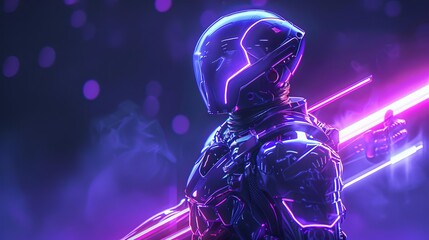 Futuristic cyberpunk warrior with glowing neon armor, action-packed sci-fi character illustration