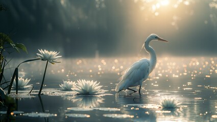 Ethereal birdwatching in a fantasy realm, magical birds, serene landscapes, a dreamlike birding experience - obrazy, fototapety, plakaty