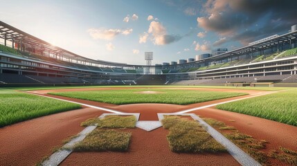 Fototapeta premium Grand baseball stadium field diamond viewed in daylight, showcasing a modern public sports building in a 3D rendered background