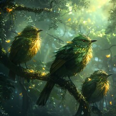 Fantasy birdwatching adventure, magical avian species, otherworldly environments, a journey of discovery