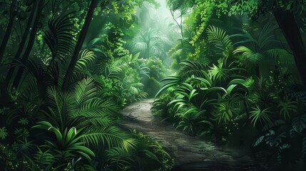 Jungle road winding through lush green rainforest, digital nature illustration