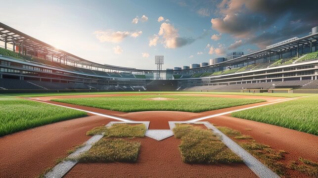 Grand baseball stadium field diamond viewed in daylight, showcasing a modern public sports building in a 3D rendered background