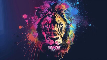 Majestic lion portrait with crown of colorful paint splatters, powerful concept illustration