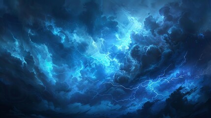 Fototapeta na wymiar Mysterious Blue Fantasy Lightning, Dramatic Stormy Sky, Digital Painting