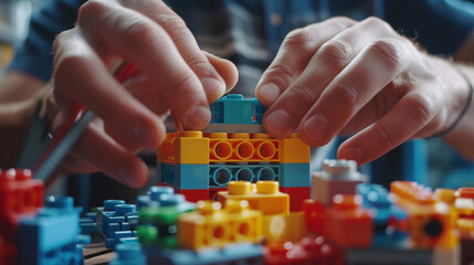 Close-up of Hands Assembling Model or Building Blocks for Hands-On Learning Concept