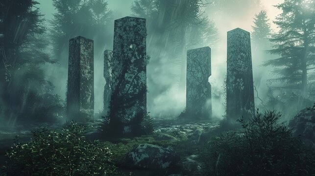 Mysterious ancient stone circle in misty forest, supernatural druid ritual site illustration