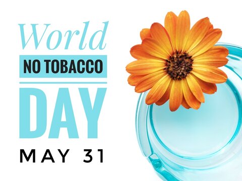 World No Tobacco Day Póster with text, ashtray and flower