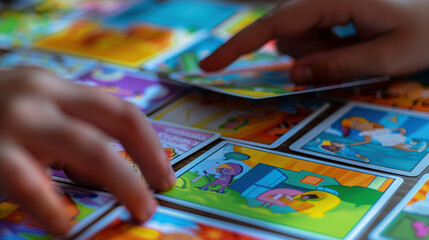 Close-up of hands flipping through flashcards with educational content - obrazy, fototapety, plakaty